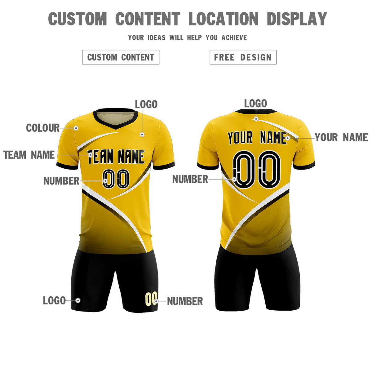 Custom Gold Black Color Block Training Uniform For Men Soccer Sets Jersey
