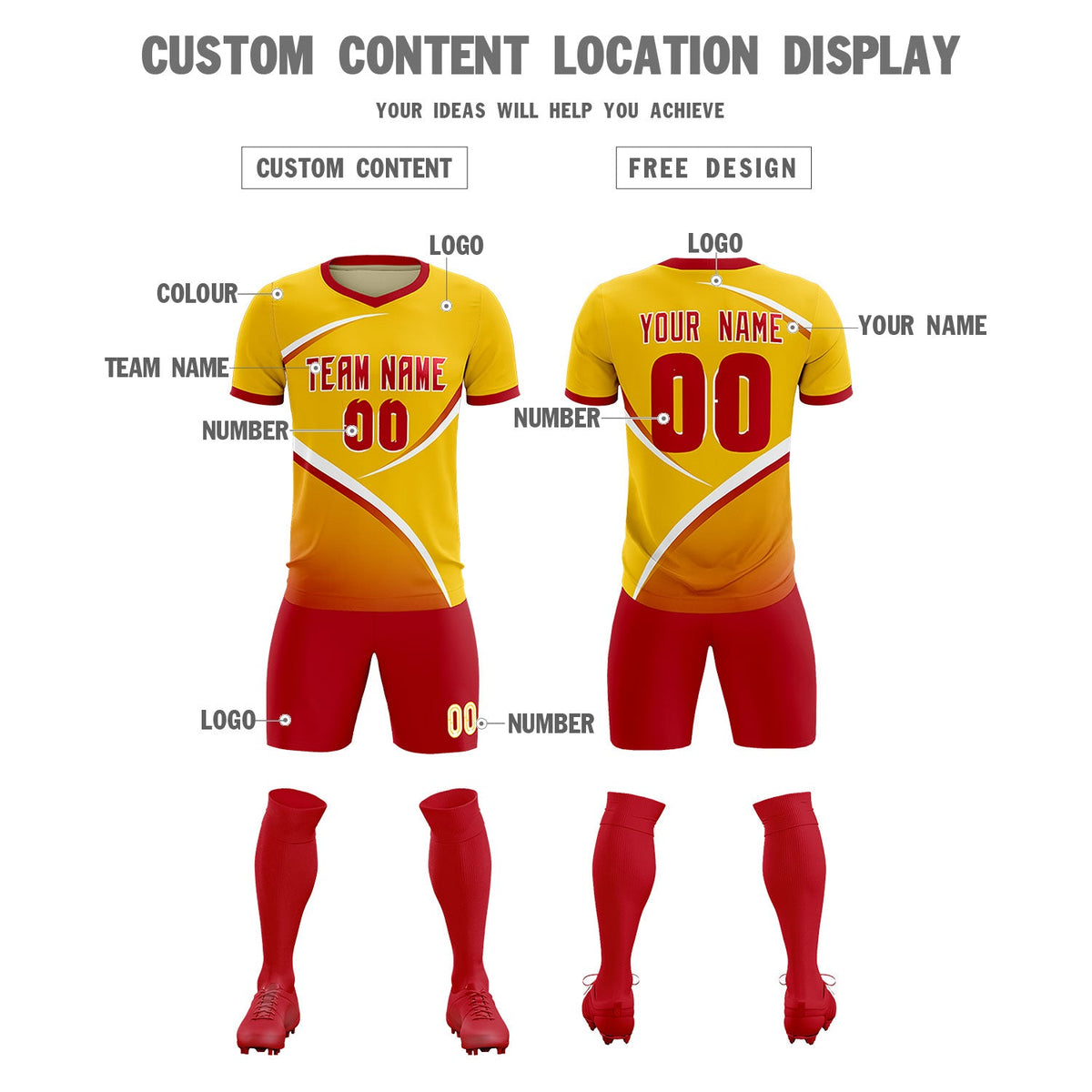 Custom Gold Red Color Block Training Uniform For Men Soccer Sets Jersey
