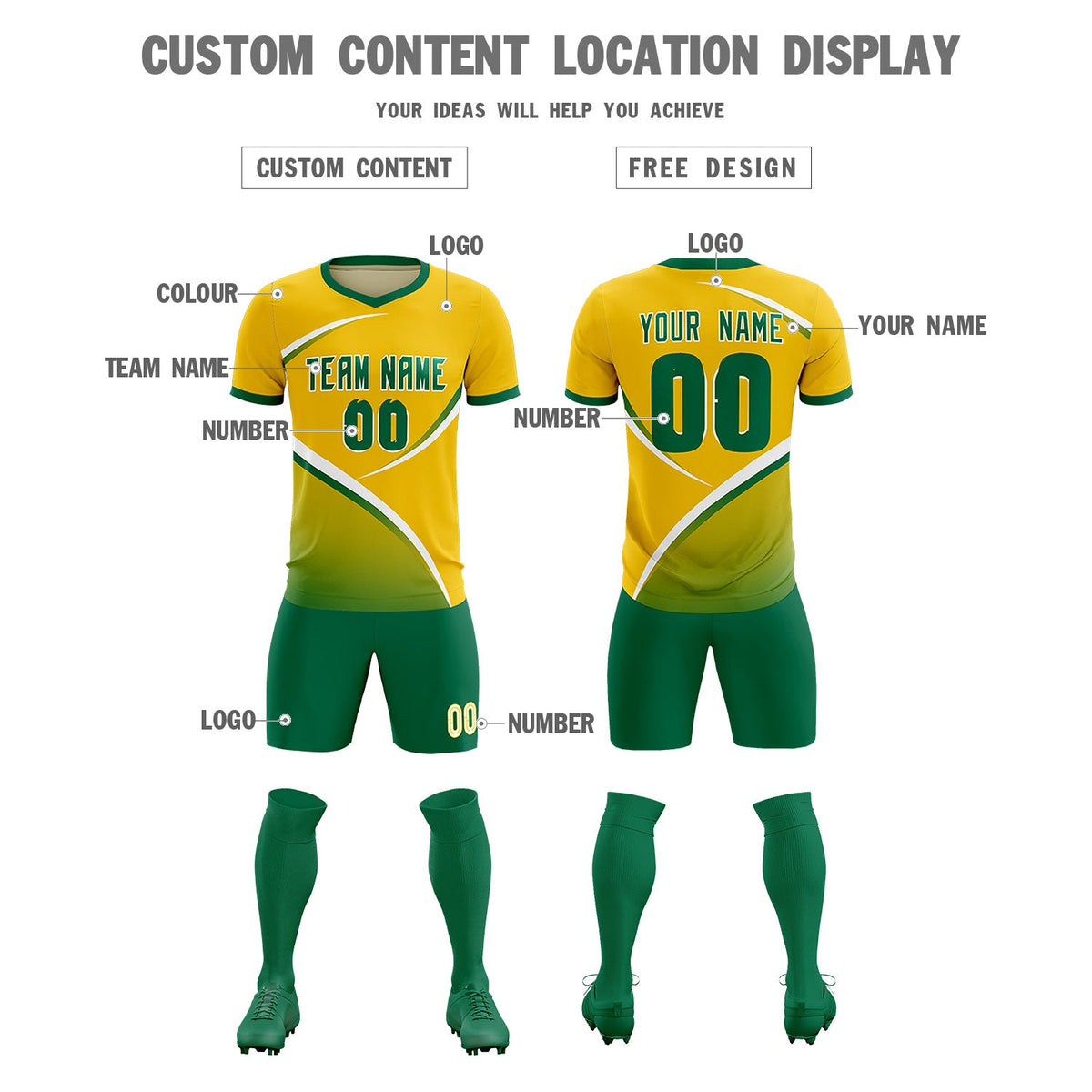 Custom Gold Kelly Green Color Block Training Uniform For Men Soccer Sets Jersey
