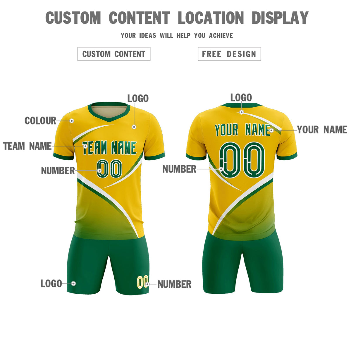 Custom Gold Kelly Green Color Block Training Uniform For Men Soccer Sets Jersey