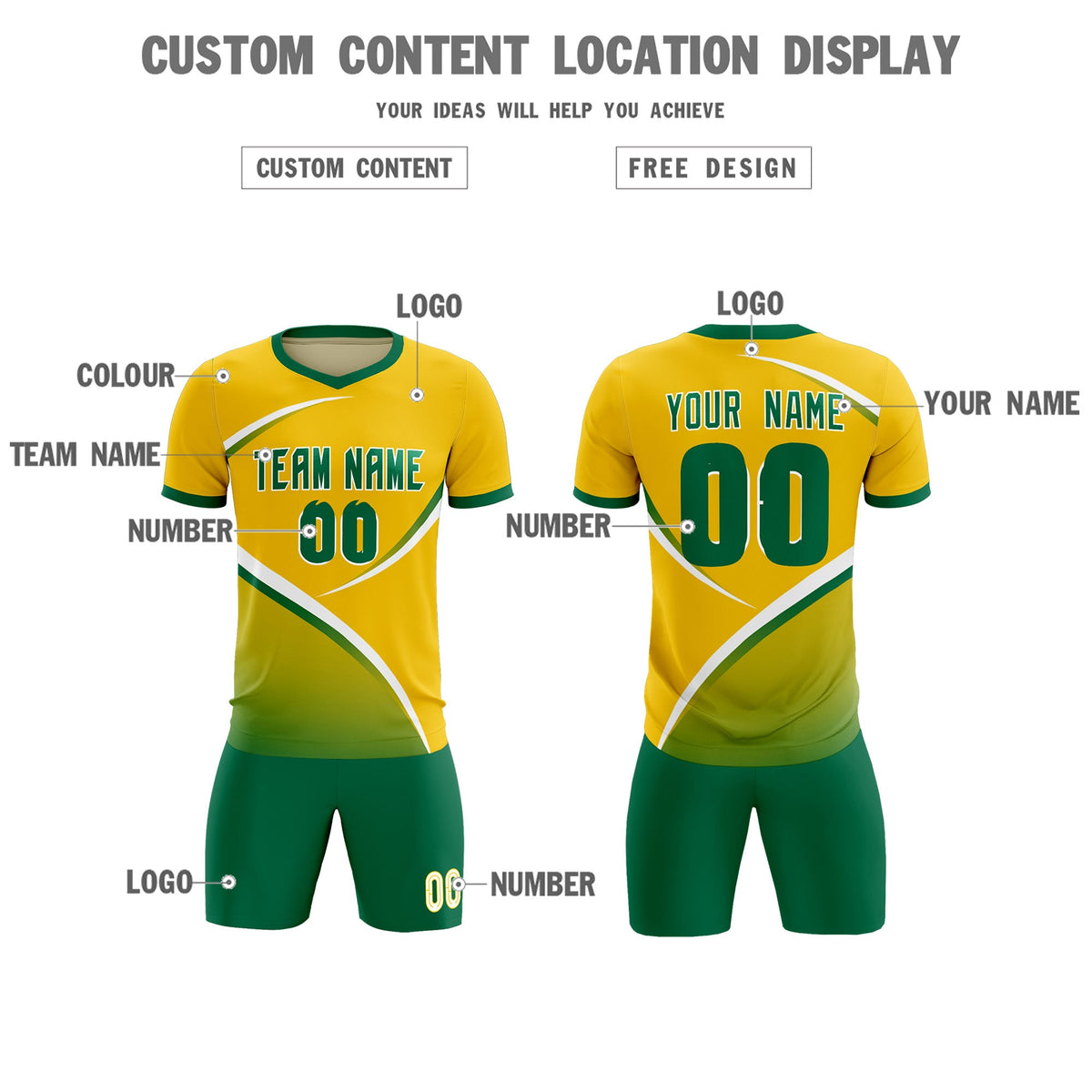 Custom Gold Kelly Green Color Block Training Uniform For Men Soccer Sets Jersey