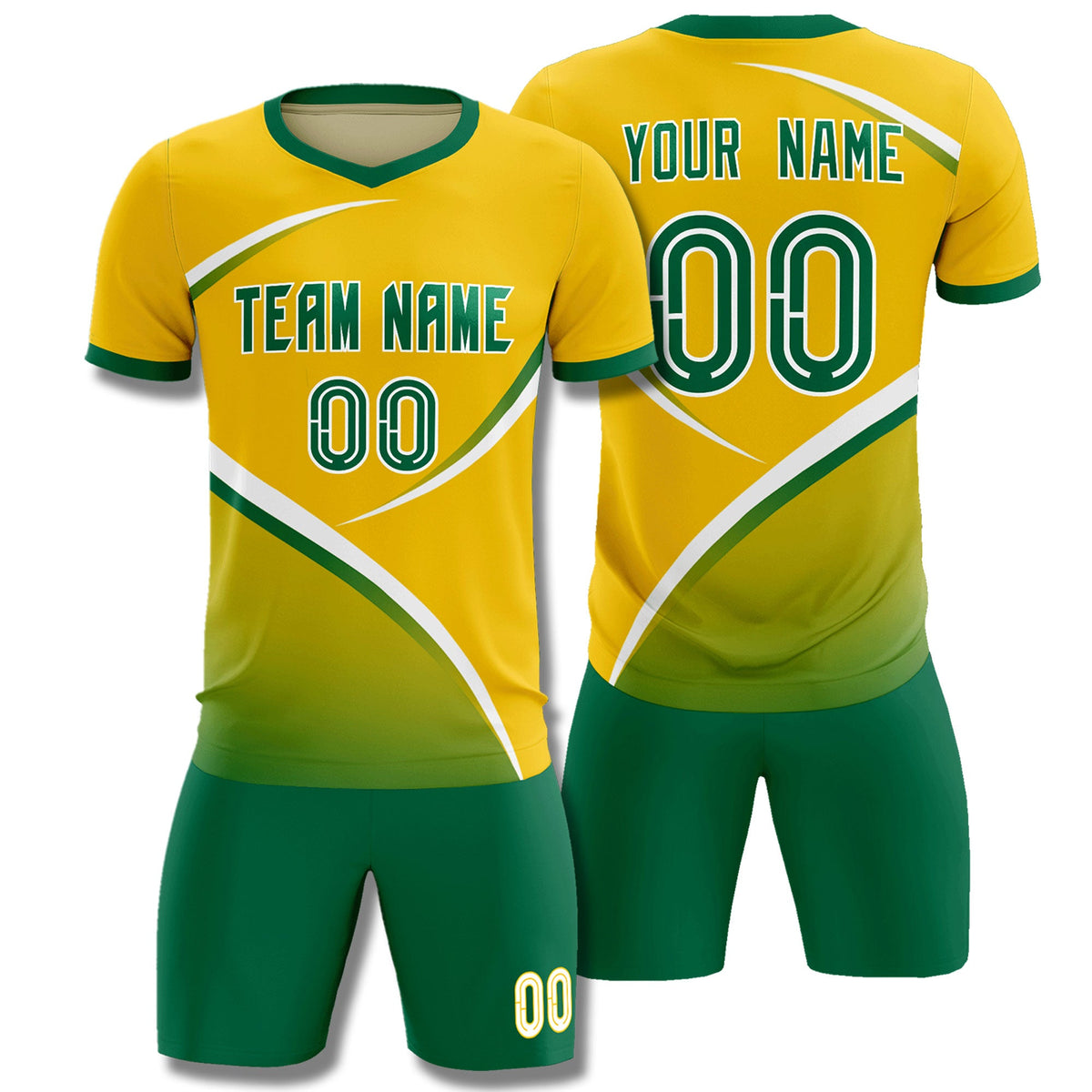 Custom Gold Kelly Green Color Block Training Uniform For Men Soccer Sets Jersey