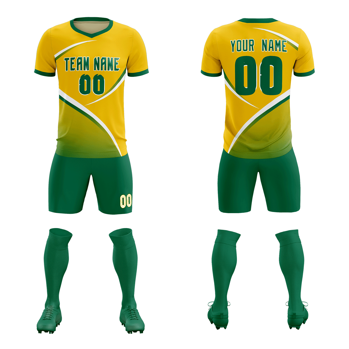 Custom Gold Kelly Green Color Block Training Uniform For Men Soccer Sets Jersey