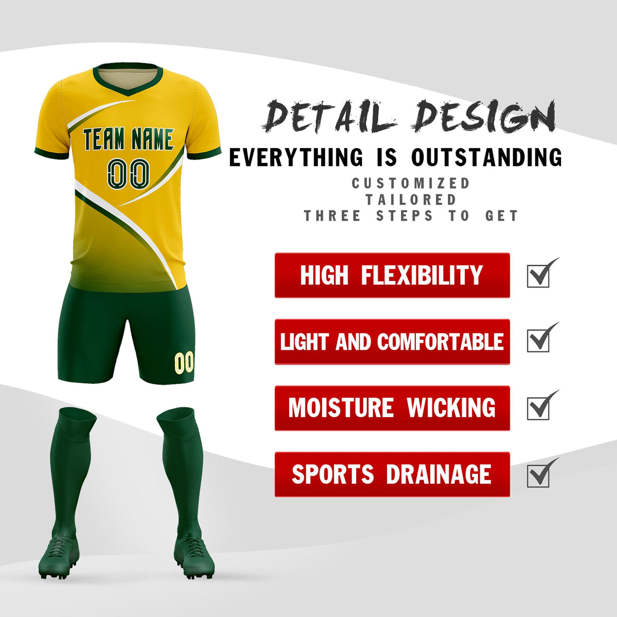 Custom Gold Green Color Block Training Uniform For Men Soccer Sets Jersey