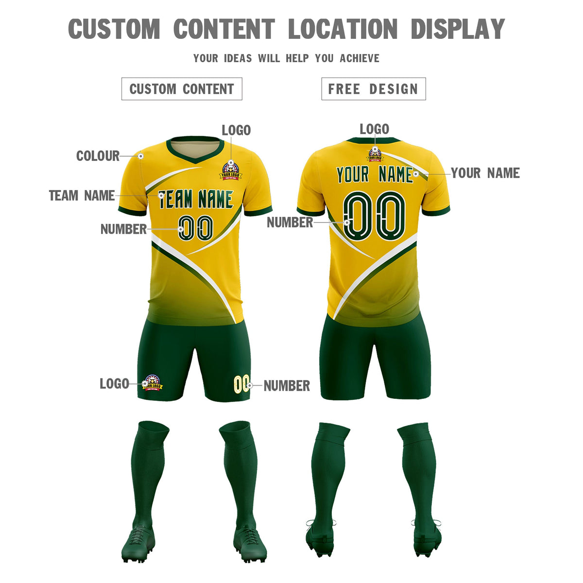 Custom Gold Green Color Block Training Uniform For Men Soccer Sets Jersey