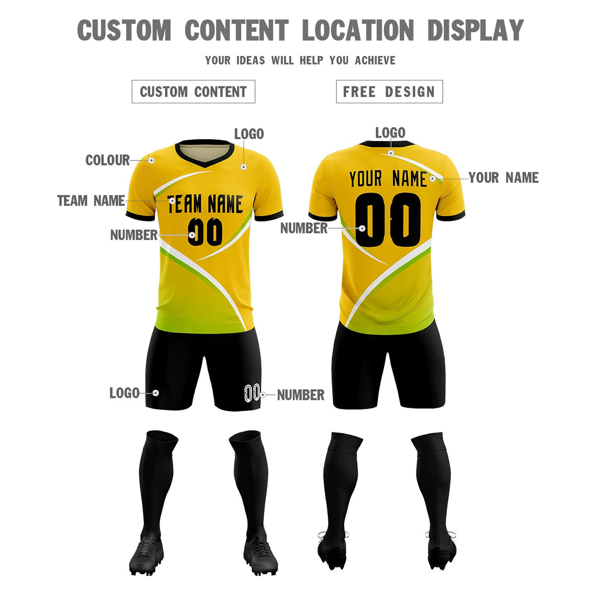 Custom Gold Black Color Block Training Uniform For Men Soccer Sets Jersey