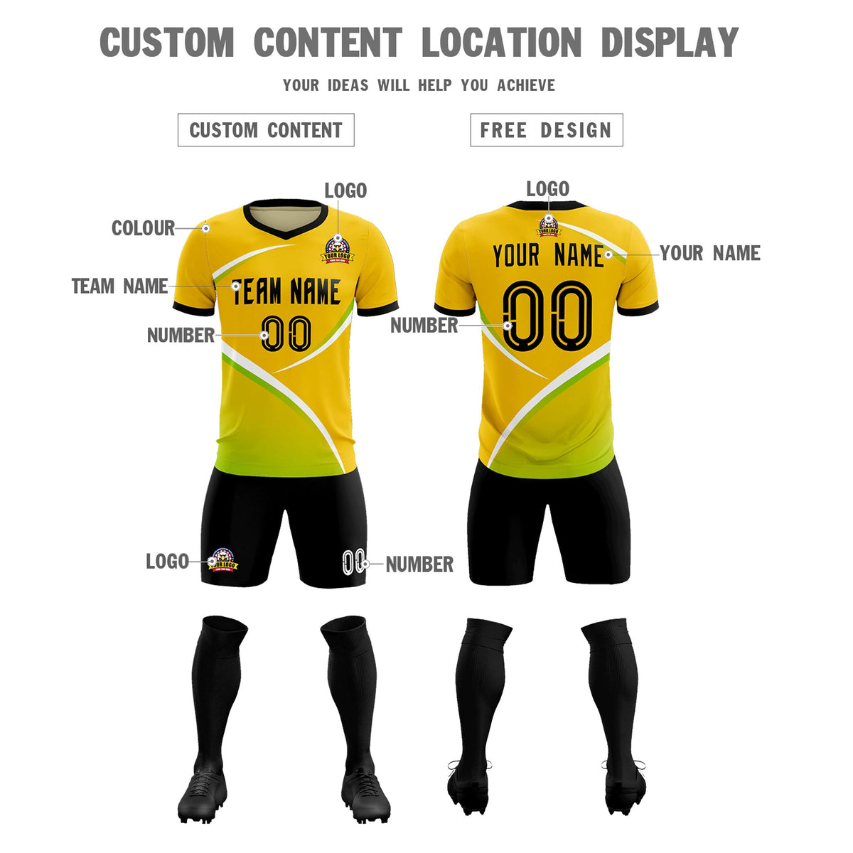 Custom Gold Black Color Block Training Uniform For Men Soccer Sets Jersey