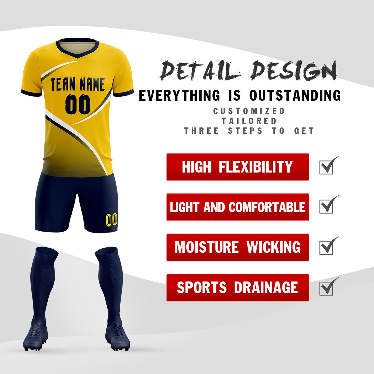 Custom Gold Navy Color Block Training Uniform For Men Soccer Sets Jersey