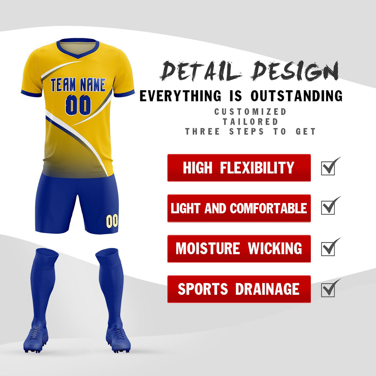 Custom Gold Royal Color Block Training Uniform For Men Soccer Sets Jersey