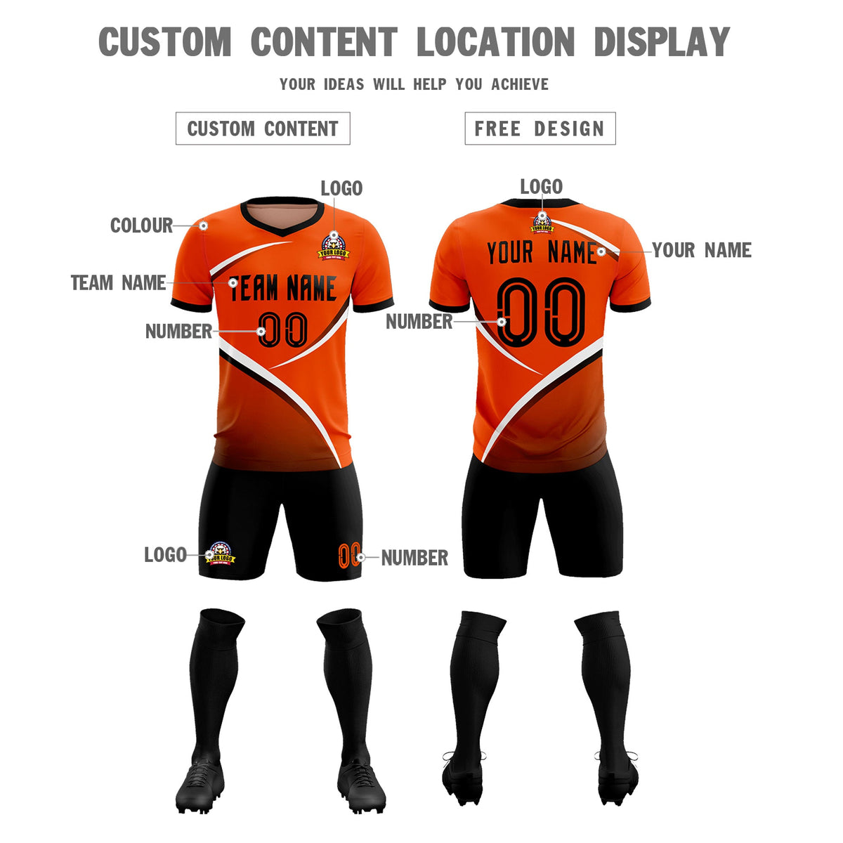 Custom Orange Black Color Block Training Uniform For Men Soccer Sets Jersey