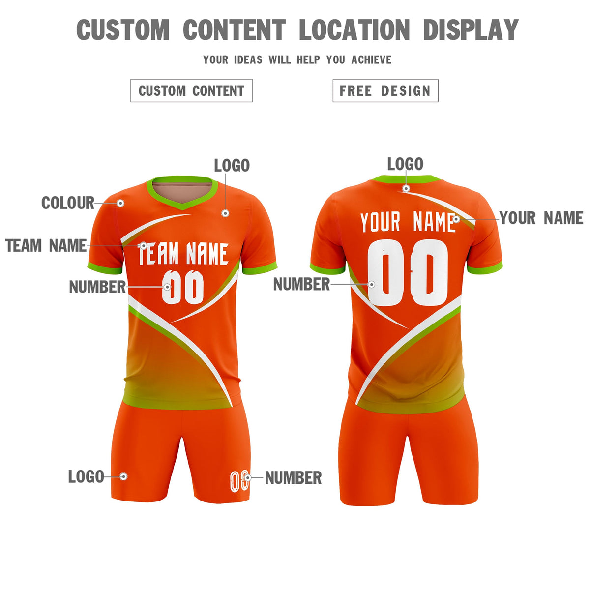 Custom Orange Neon Green Color Block Training Uniform For Men Soccer Sets Jersey