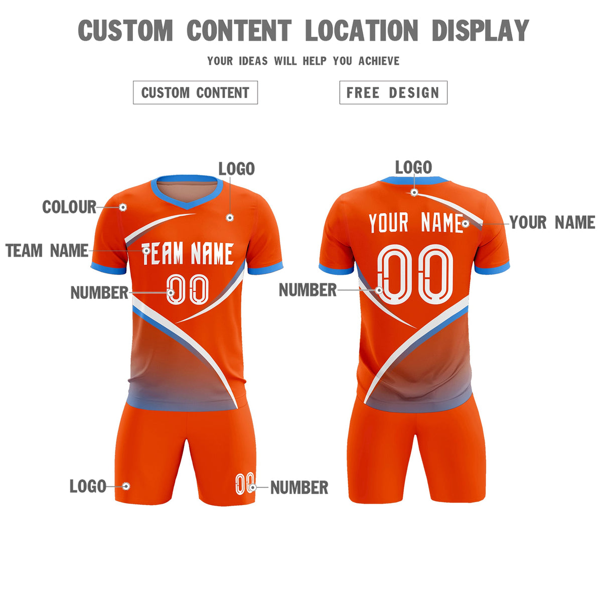 Custom Orange Powder Blue Color Block Training Uniform For Men Soccer Sets Jersey