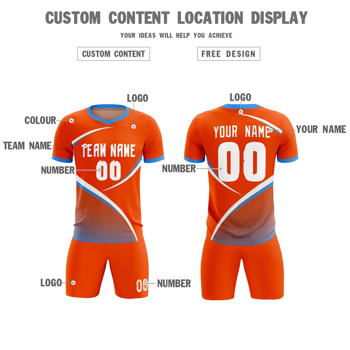 Custom Orange Powder Blue Color Block Training Uniform For Men Soccer Sets Jersey