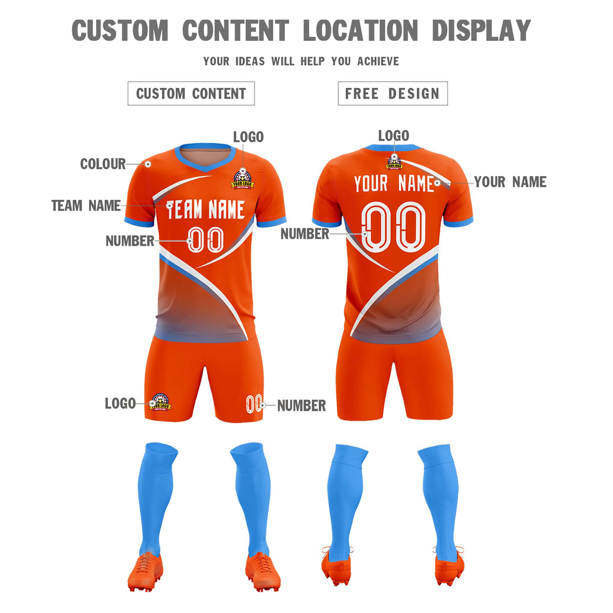 Custom Orange Powder Blue Color Block Training Uniform For Men Soccer Sets Jersey