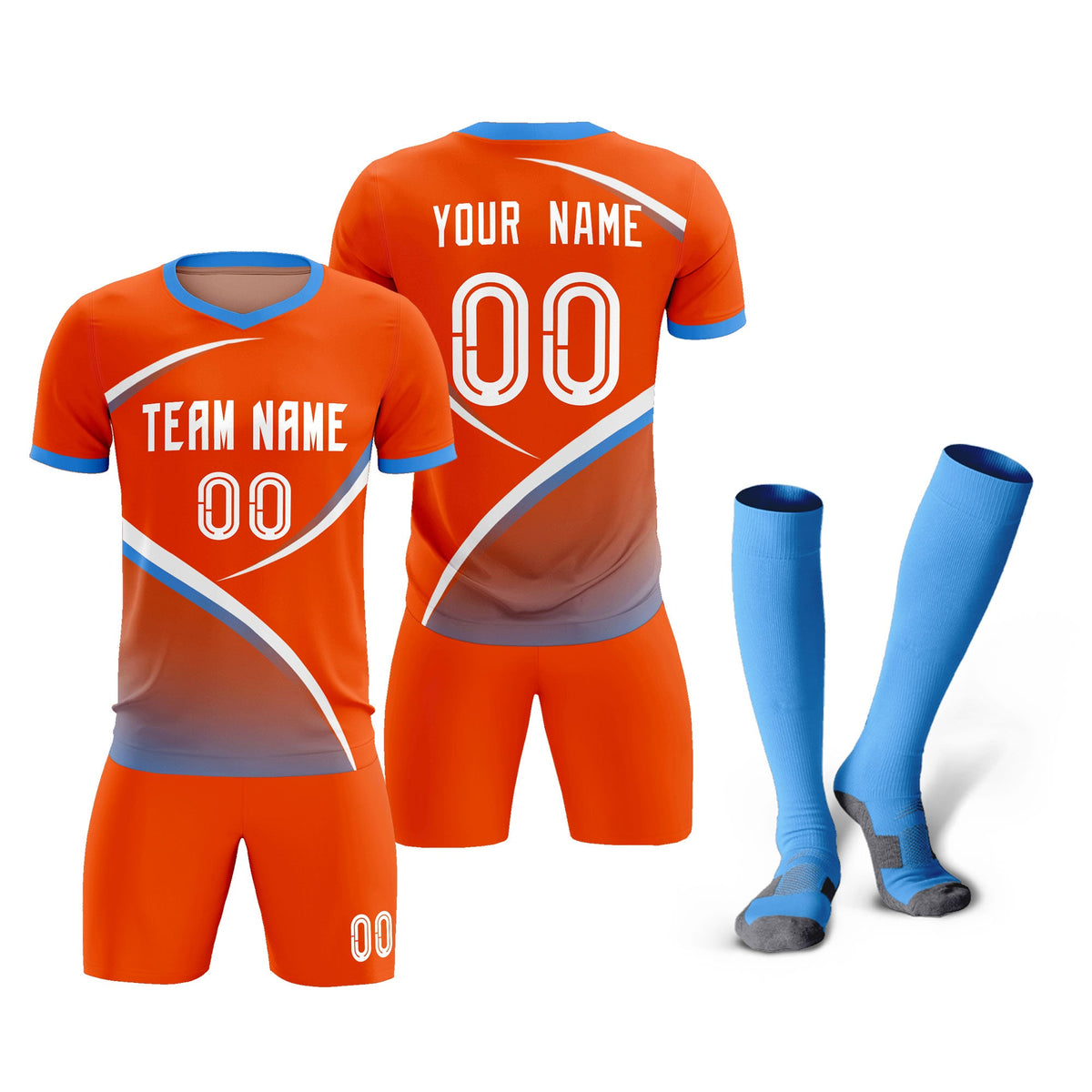 Custom Orange Powder Blue Color Block Training Uniform For Men Soccer Sets Jersey