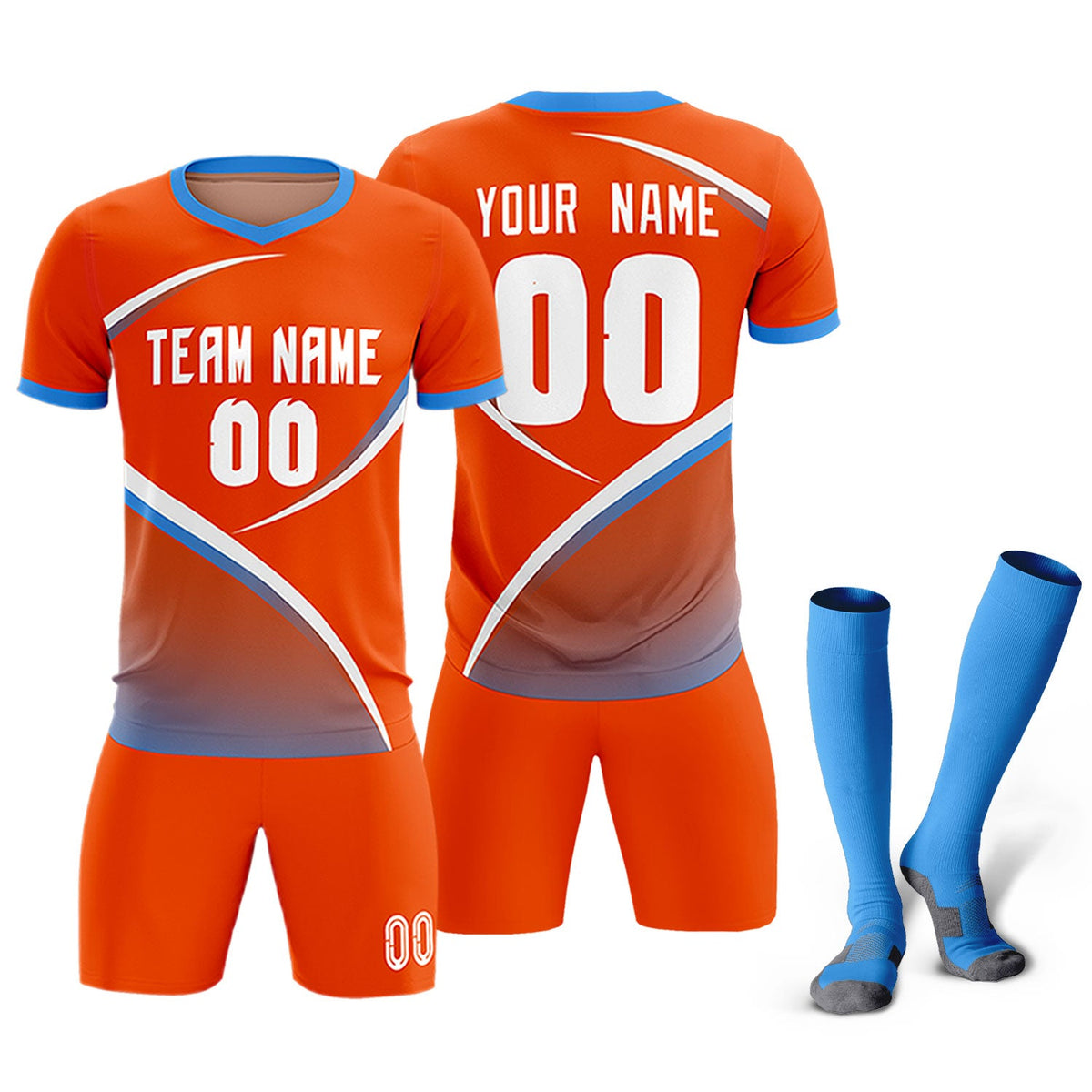Custom Orange Powder Blue Color Block Training Uniform For Men Soccer Sets Jersey