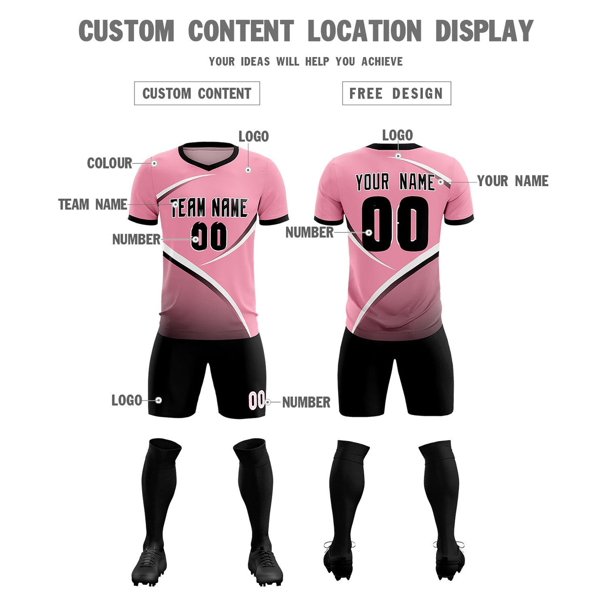 Custom Light Pink Black Color Block Training Uniform For Men Soccer Sets Jersey