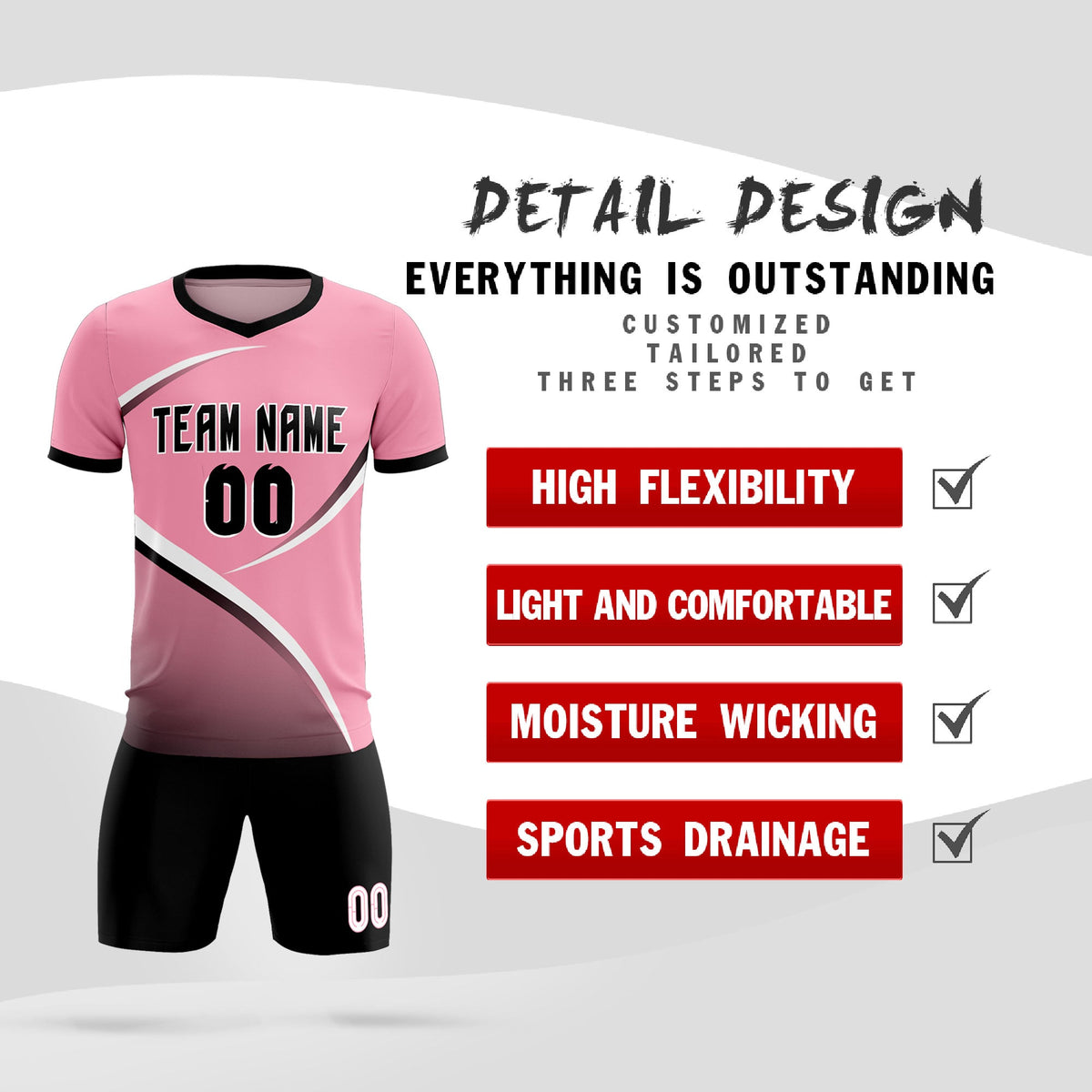 Custom Light Pink Black Color Block Training Uniform For Men Soccer Sets Jersey