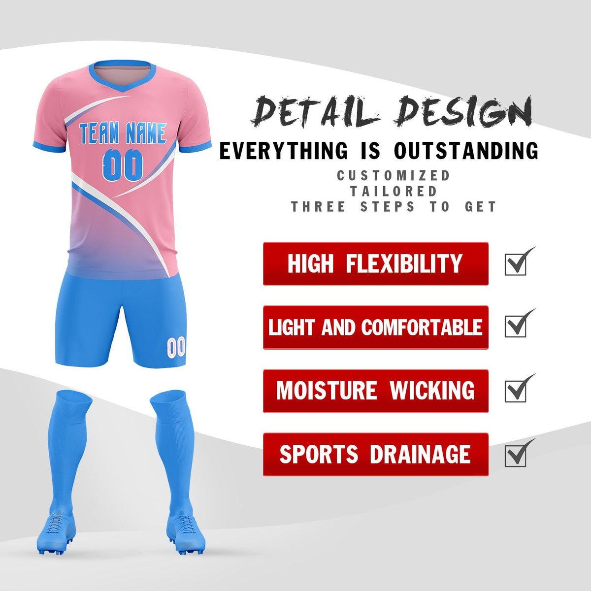 Custom Light Pink Powder Blue Color Block Training Uniform For Men Soccer Sets Jersey