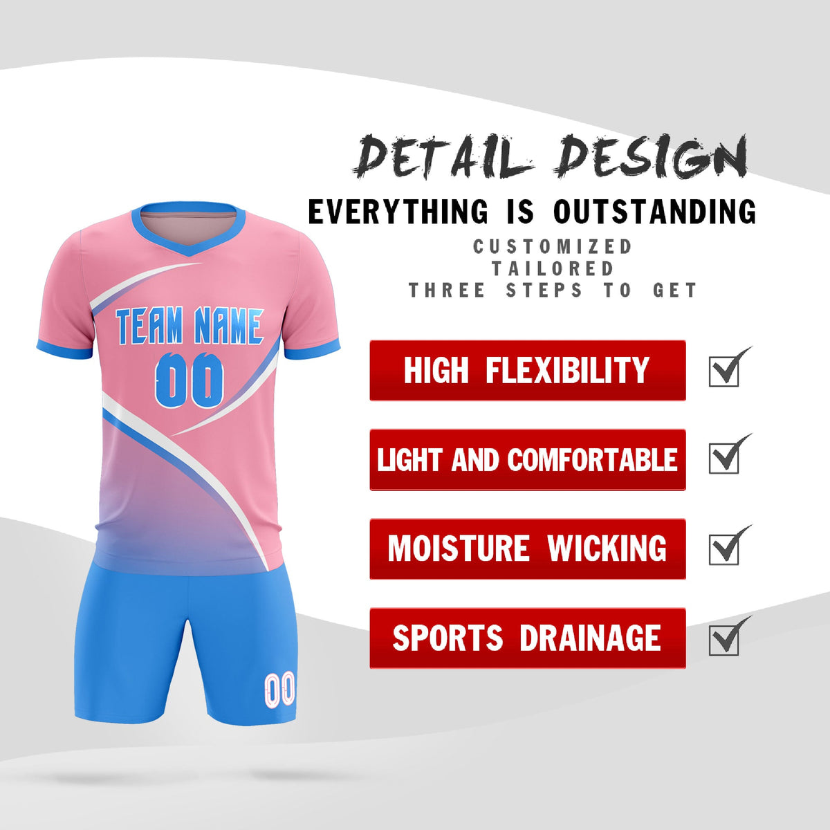 Custom Light Pink Powder Blue Color Block Training Uniform For Men Soccer Sets Jersey