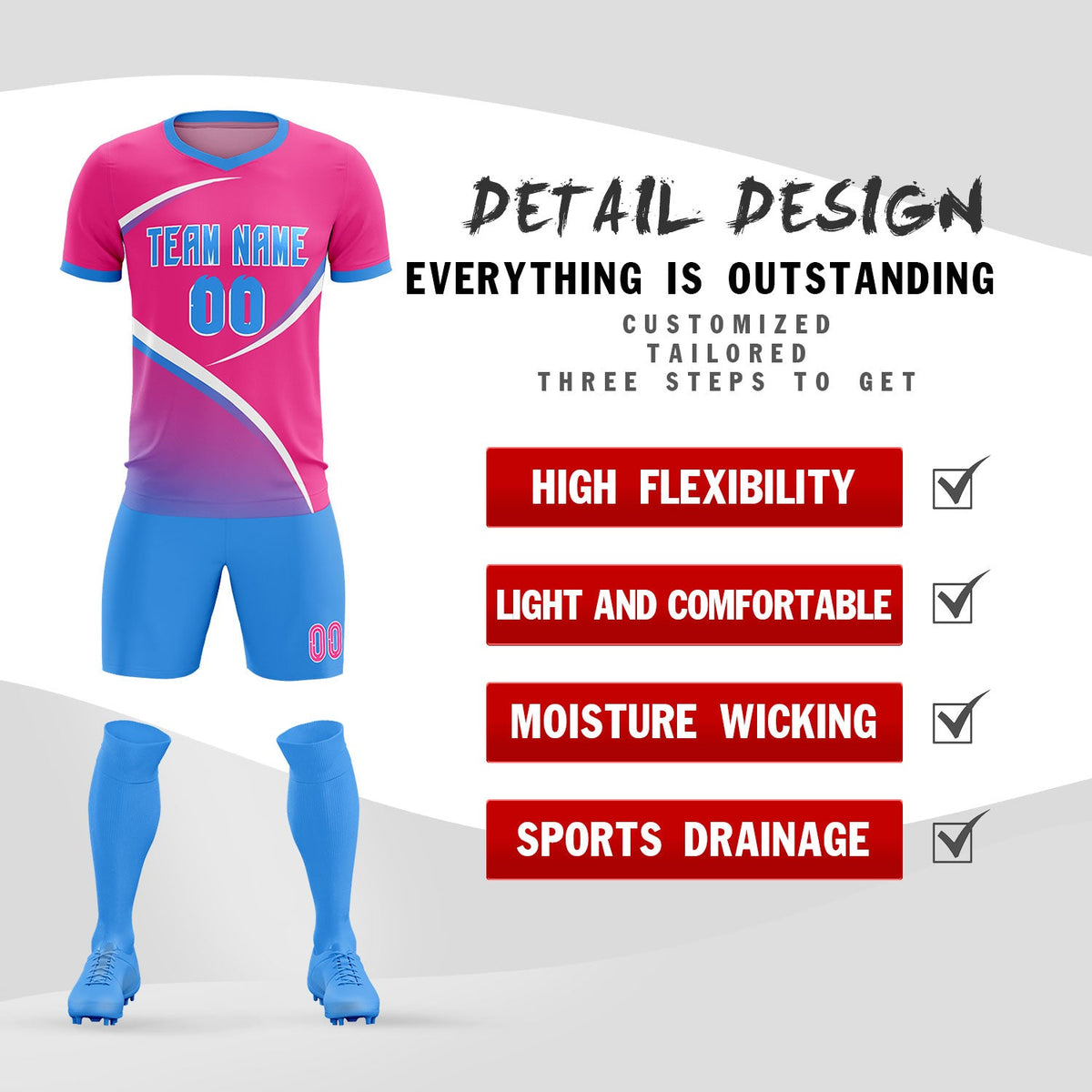 Custom Pink Powder Blue Color Block Training Uniform For Men Soccer Sets Jersey