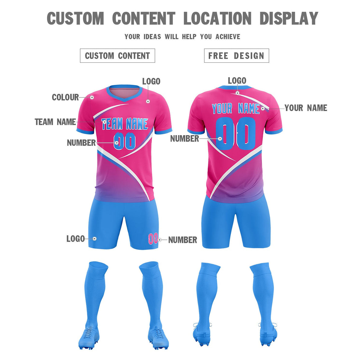 Custom Pink Powder Blue Color Block Training Uniform For Men Soccer Sets Jersey