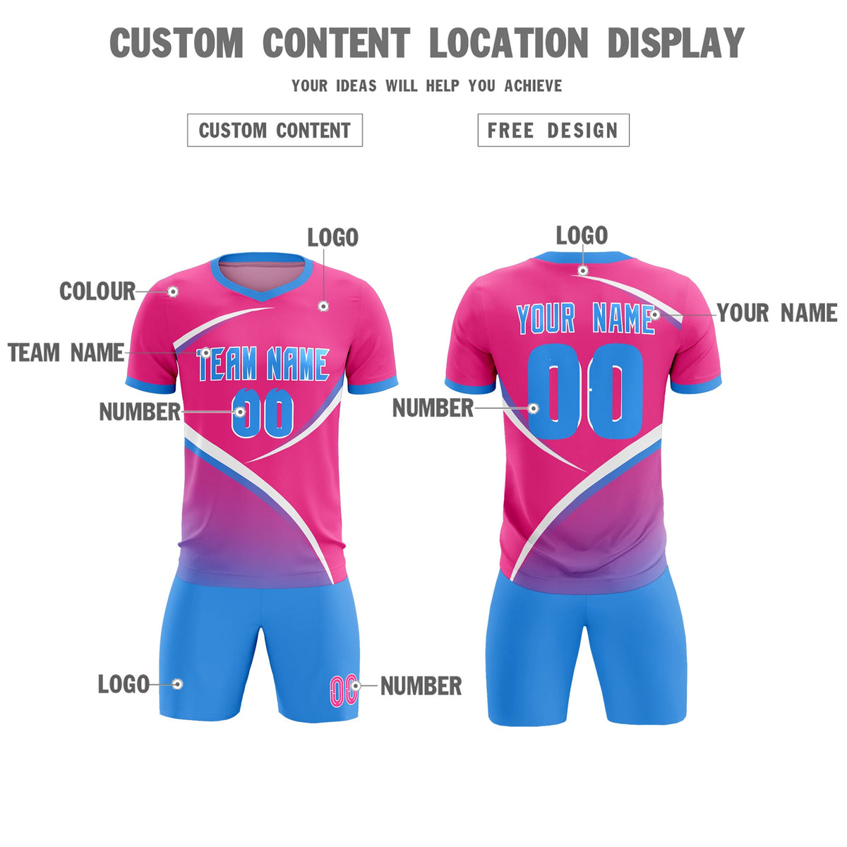 Custom Pink Powder Blue Color Block Training Uniform For Men Soccer Sets Jersey