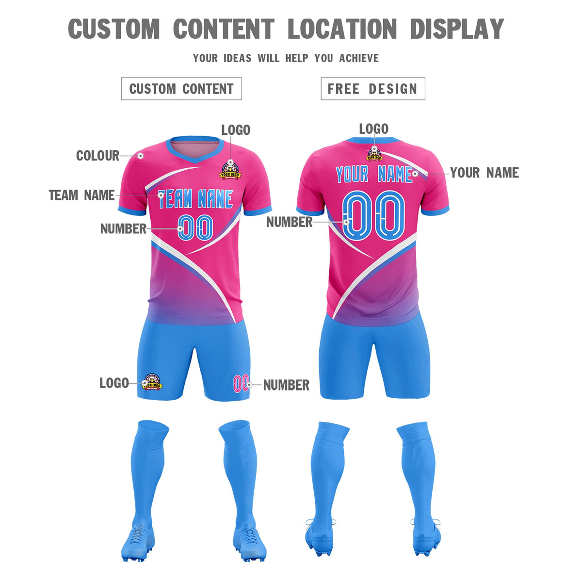 Custom Pink Powder Blue Color Block Training Uniform For Men Soccer Sets Jersey