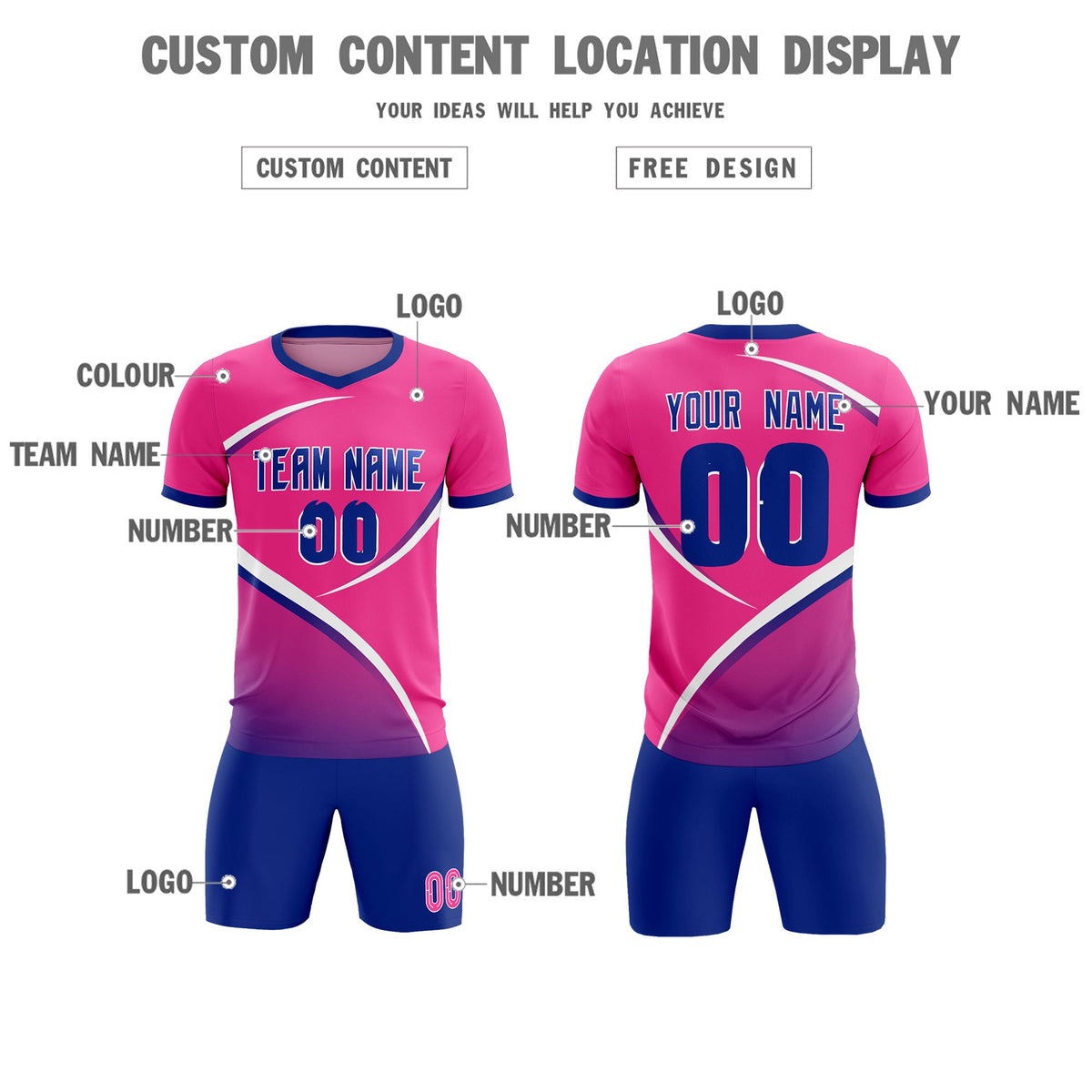 Custom Pink Royal Color Block Training Uniform For Men Soccer Sets Jersey