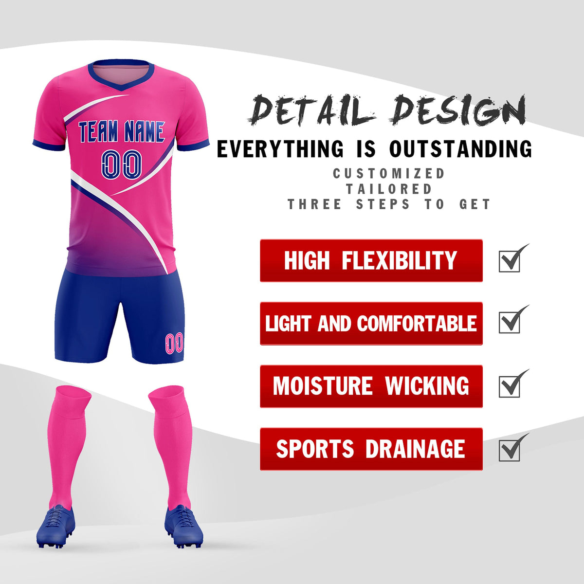 Custom Pink Royal Color Block Training Uniform For Men Soccer Sets Jersey