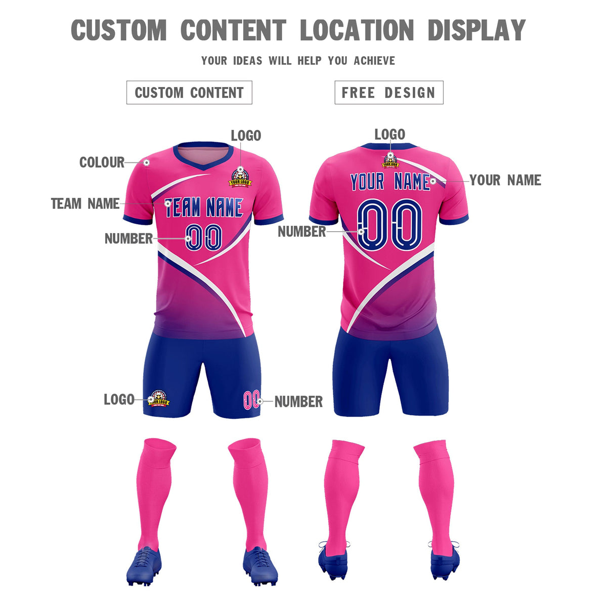 Custom Pink Royal Color Block Training Uniform For Men Soccer Sets Jersey