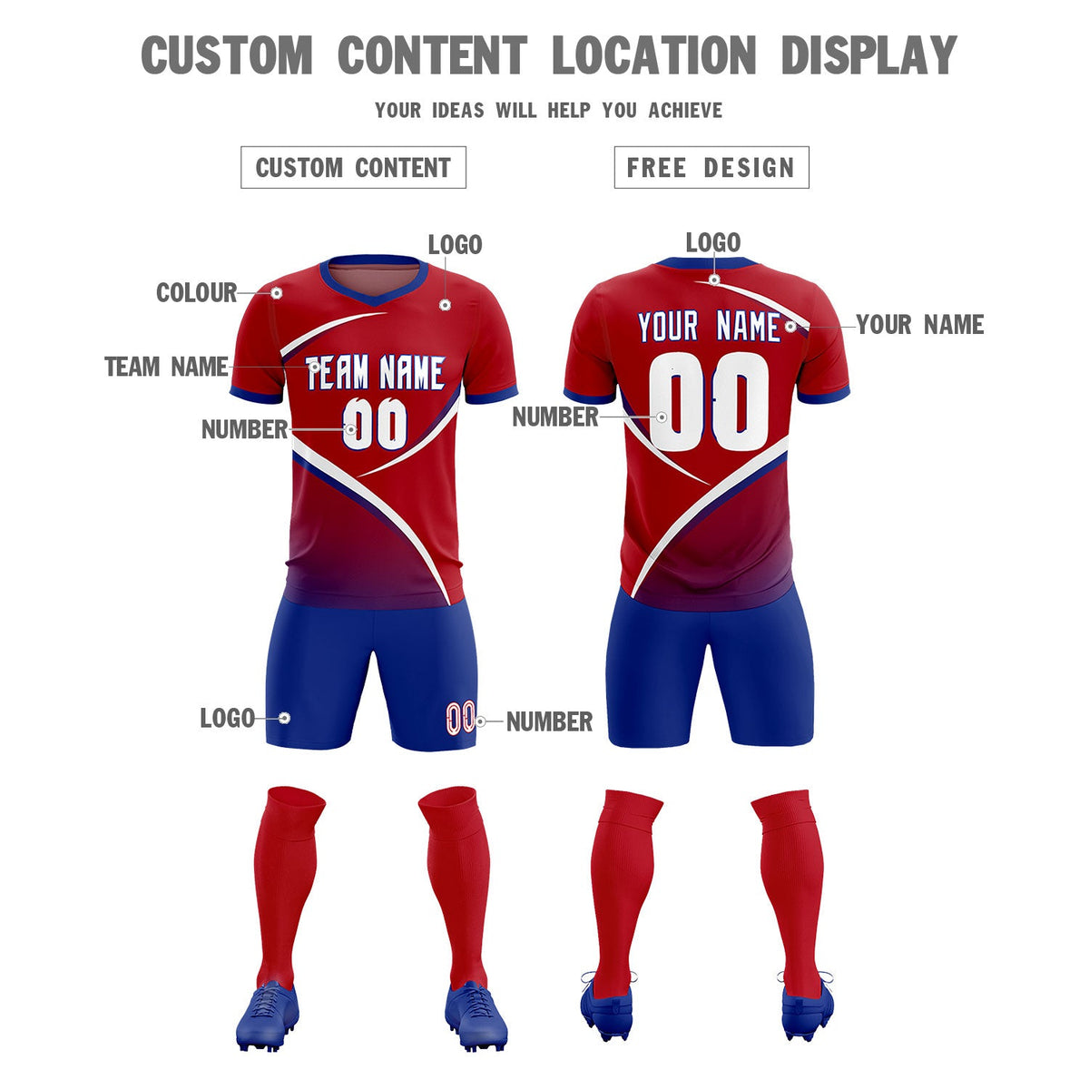 Custom Red Royal Color Block Training Uniform For Men Soccer Sets Jersey