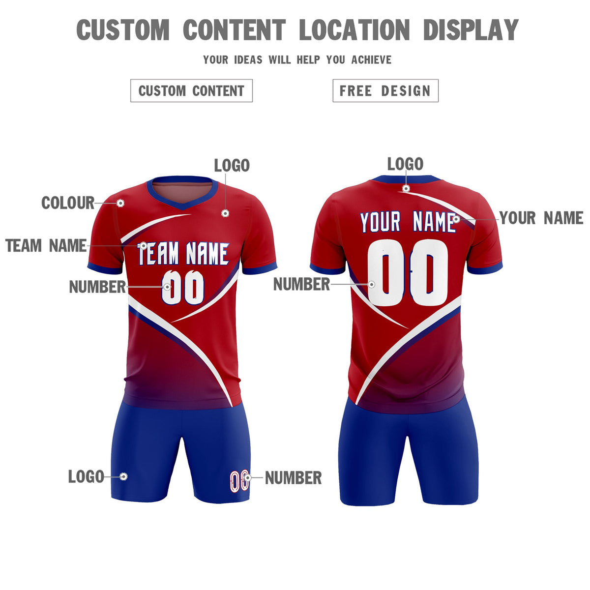 Custom Red Royal Color Block Training Uniform For Men Soccer Sets Jersey