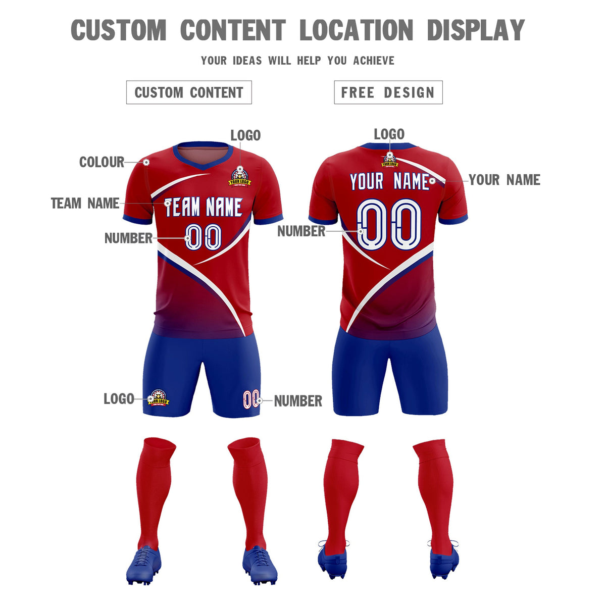 Custom Red Royal Color Block Training Uniform For Men Soccer Sets Jersey
