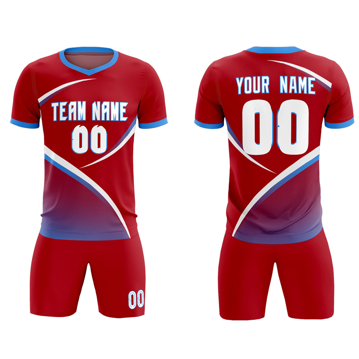 Custom Red Powder Blue Color Block Training Uniform For Men Soccer Sets Jersey