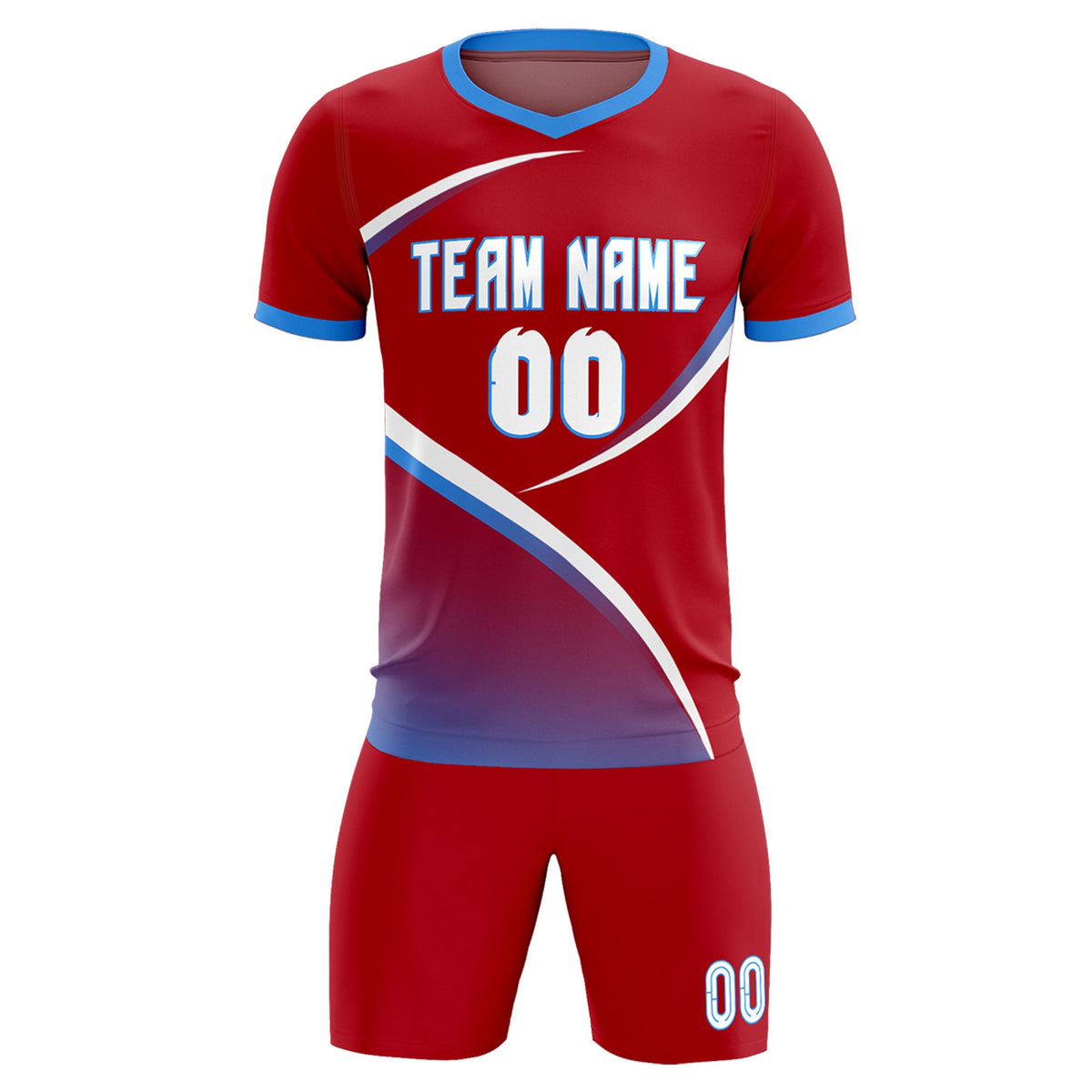 Custom Red Powder Blue Color Block Training Uniform For Men Soccer Sets Jersey