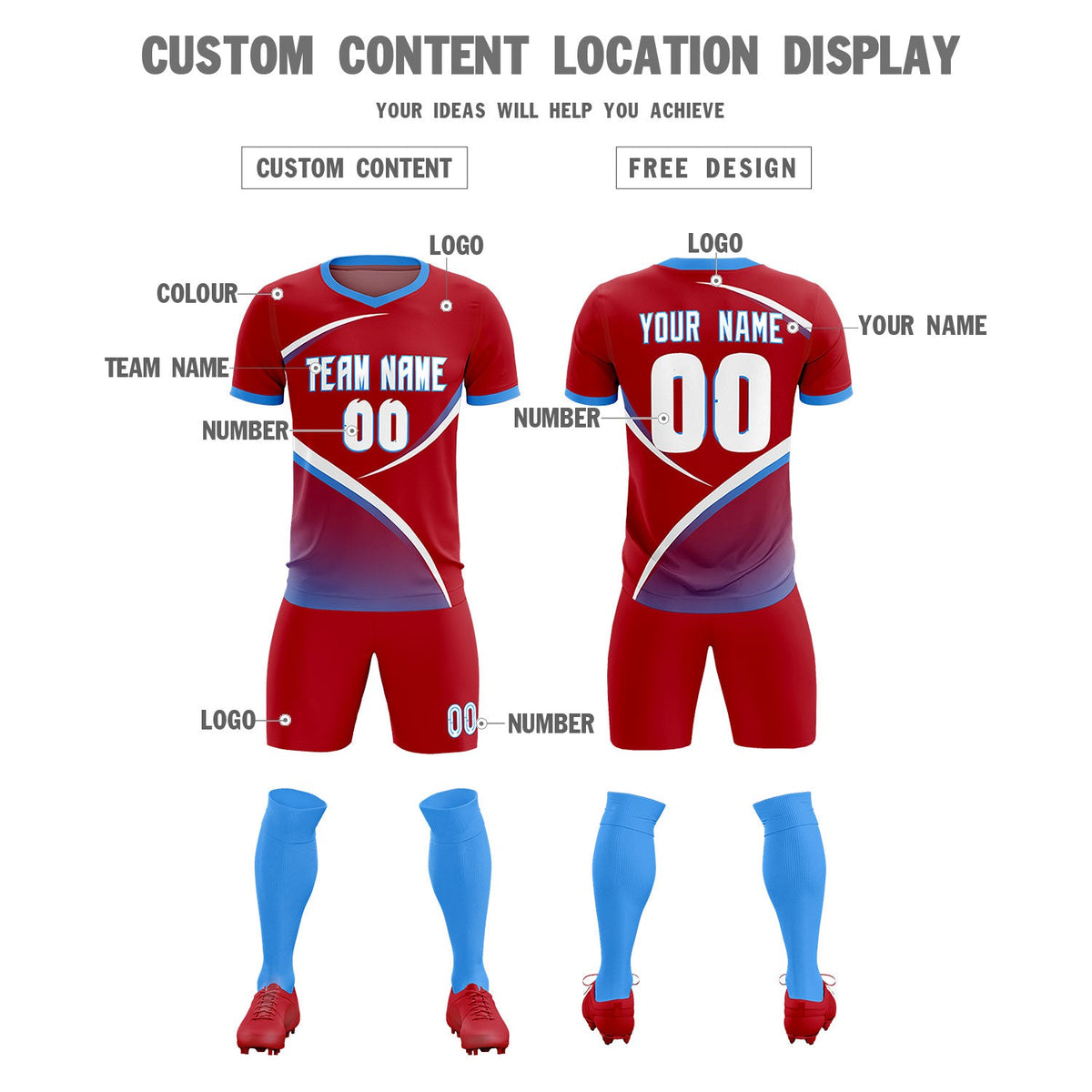 Custom Red Powder Blue Color Block Training Uniform For Men Soccer Sets Jersey