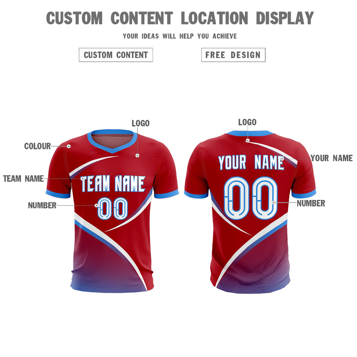 Custom Red Powder Blue Color Block Training Uniform For Men Soccer Sets Jersey