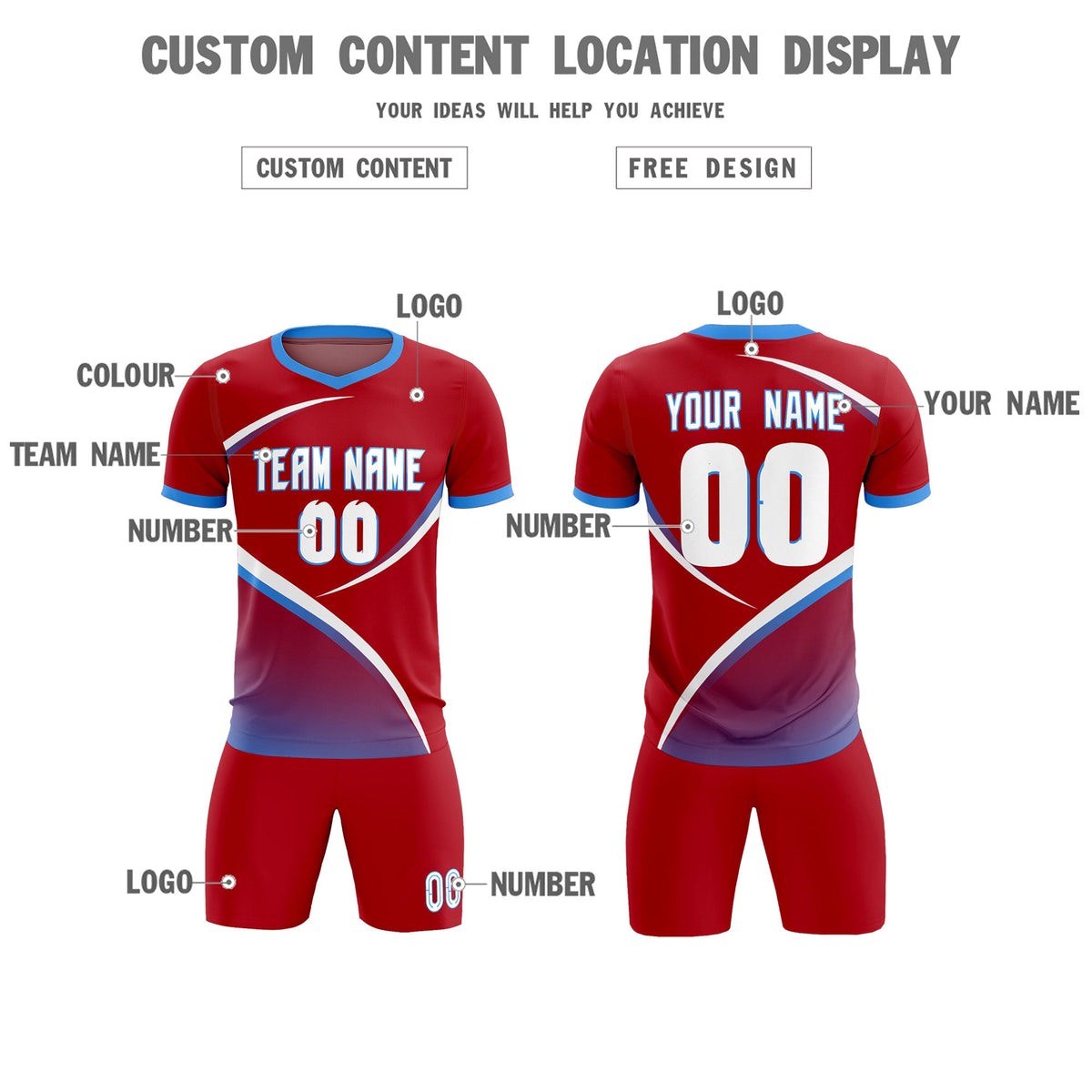 Custom Red Powder Blue Color Block Training Uniform For Men Soccer Sets Jersey