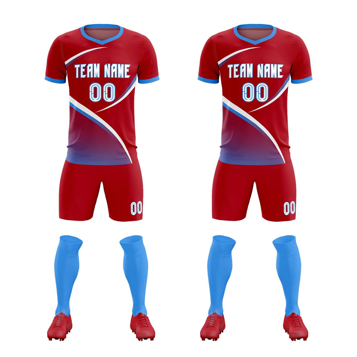Custom Red Powder Blue Color Block Training Uniform For Men Soccer Sets Jersey