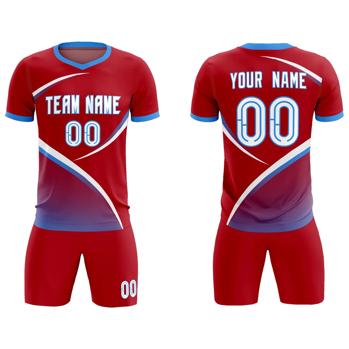Custom Red Powder Blue Color Block Training Uniform For Men Soccer Sets Jersey