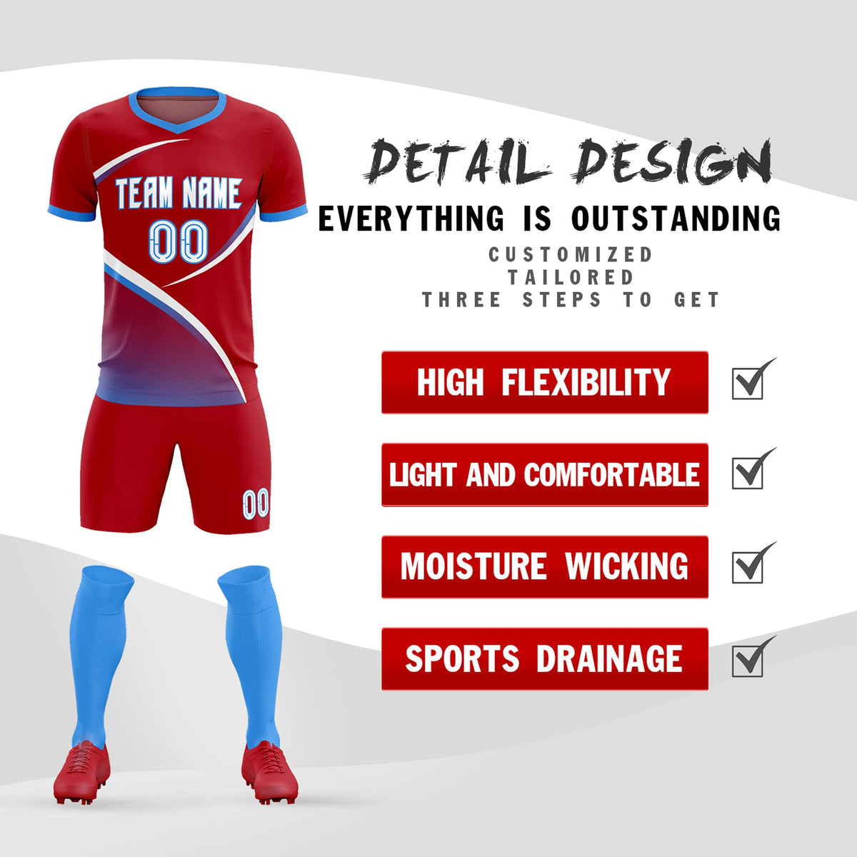 Custom Red Powder Blue Color Block Training Uniform For Men Soccer Sets Jersey