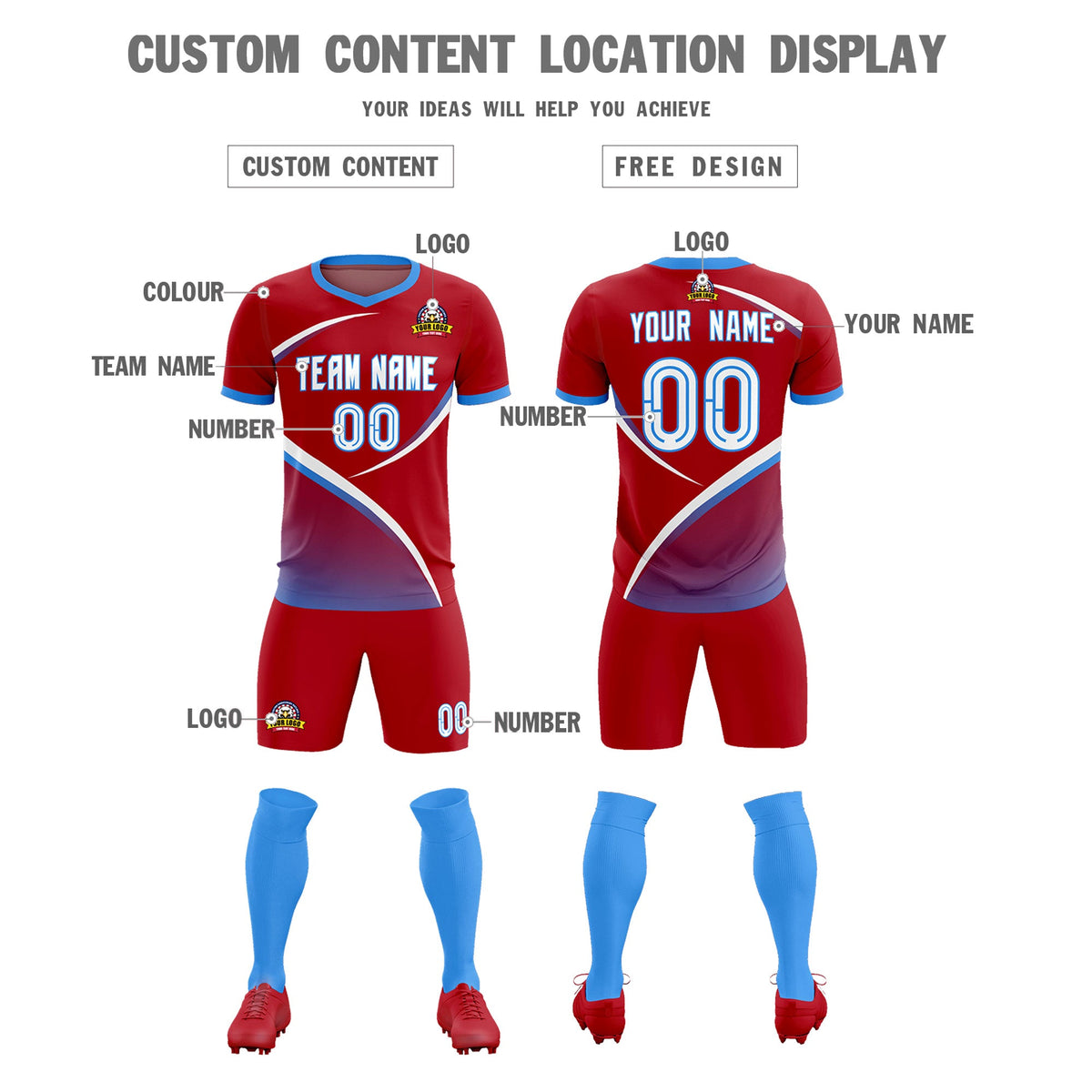 Custom Red Powder Blue Color Block Training Uniform For Men Soccer Sets Jersey