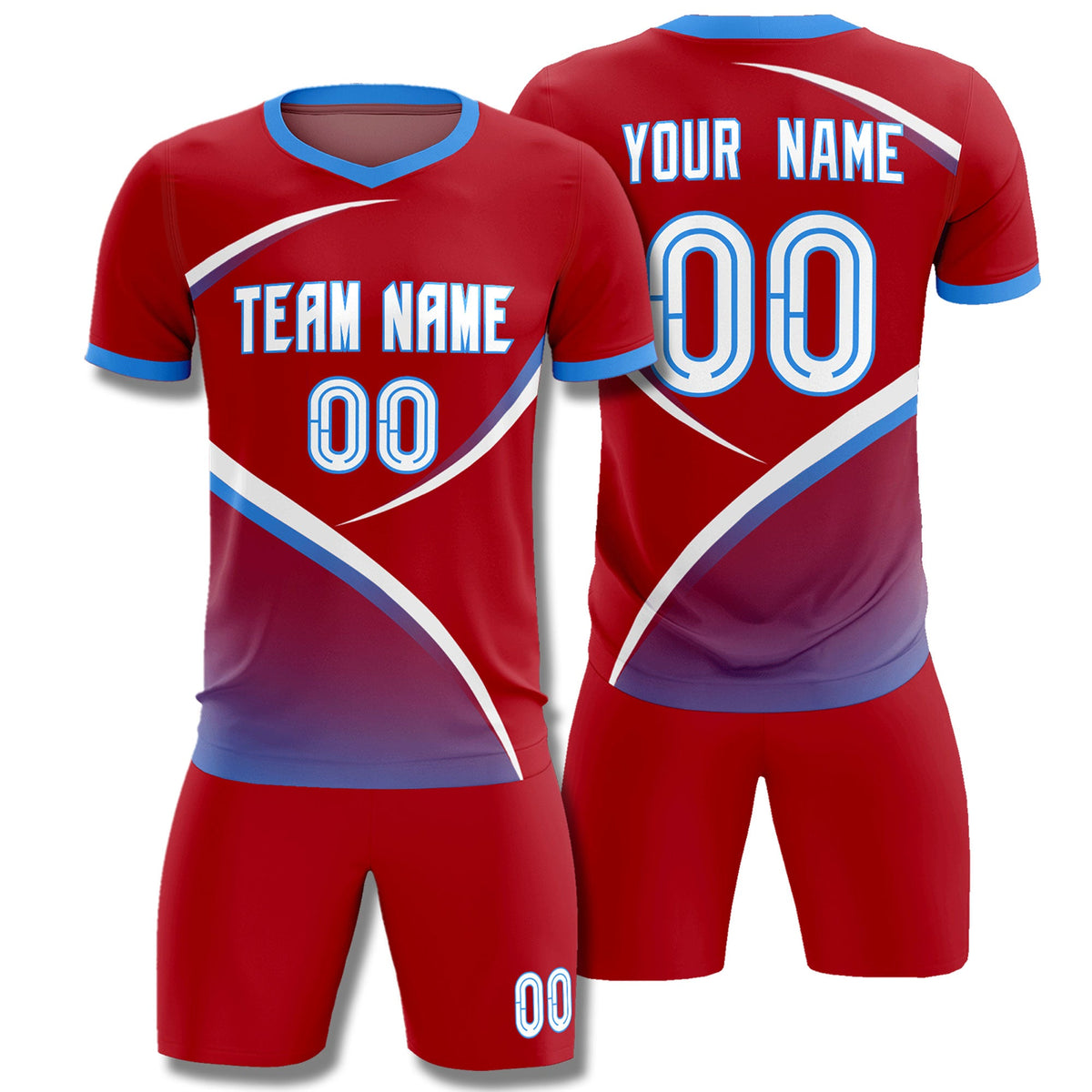 Custom Red Powder Blue Color Block Training Uniform For Men Soccer Sets Jersey