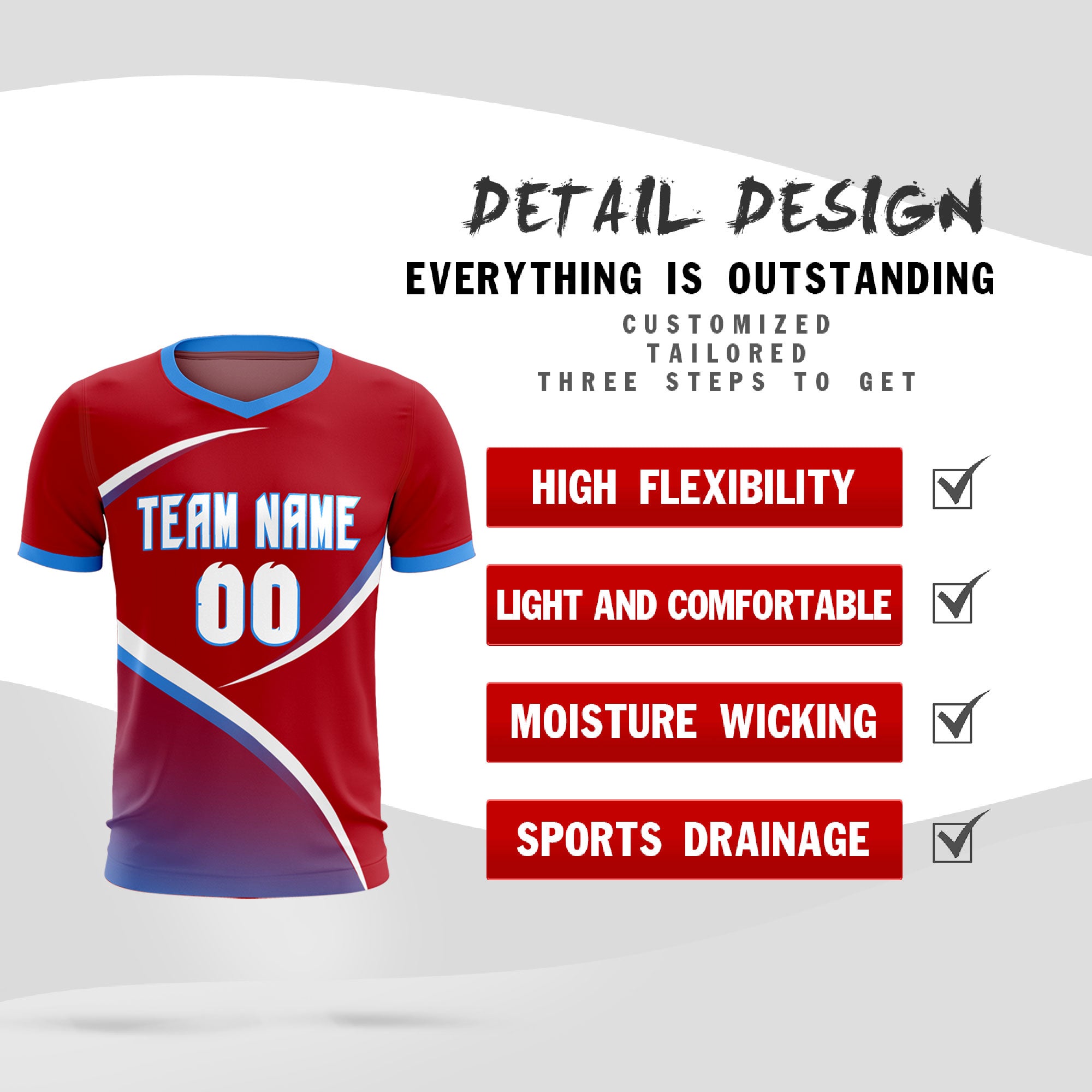 Custom Red Powder Blue Color Block Training Uniform For Men Soccer Sets Jersey