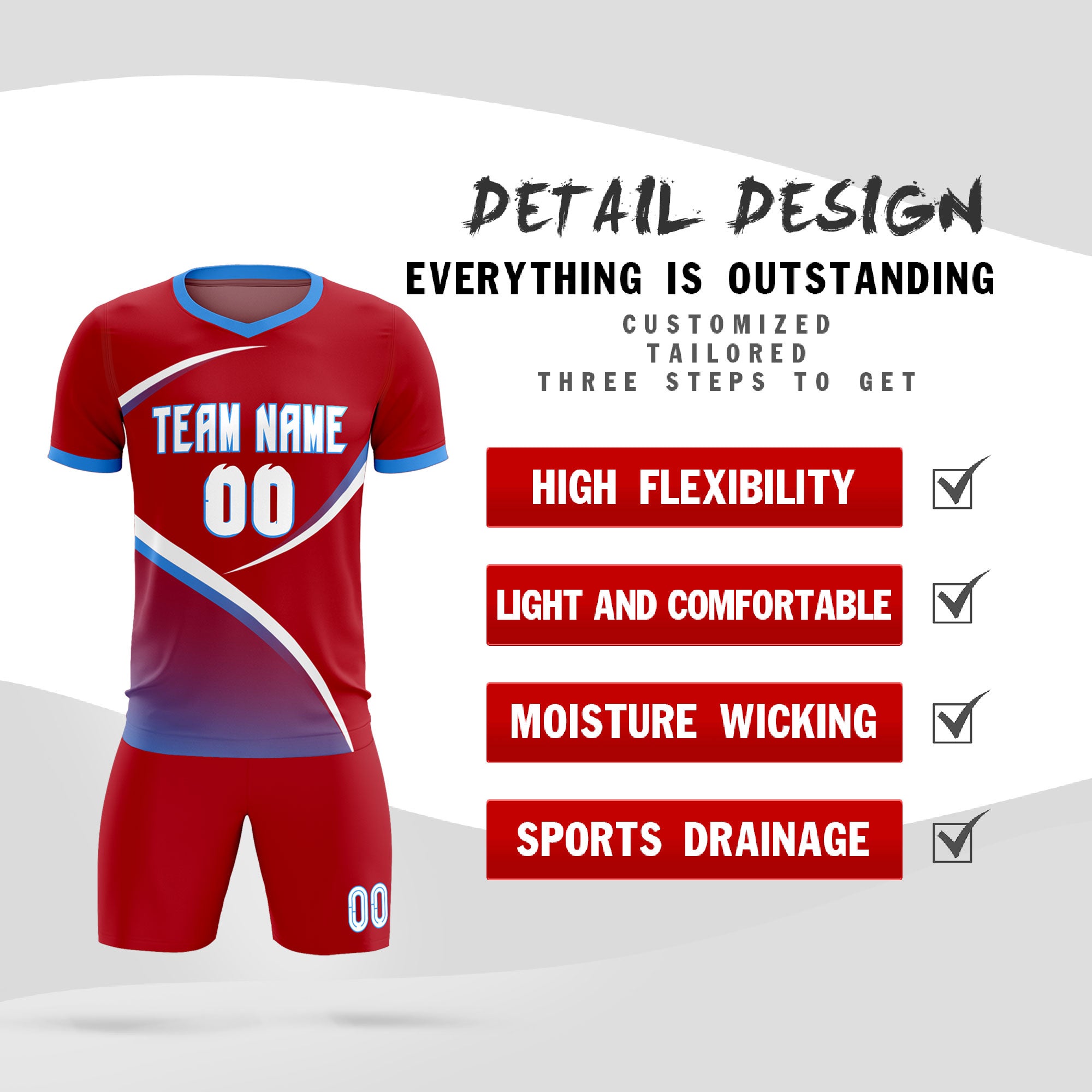 Custom Red Powder Blue Color Block Training Uniform For Men Soccer Sets Jersey