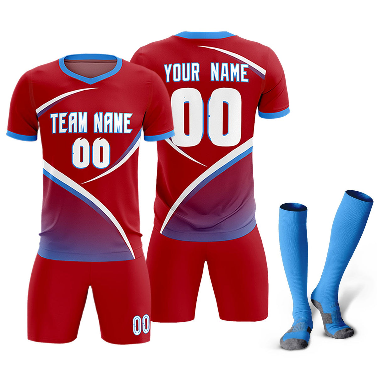 Custom Red Powder Blue Color Block Training Uniform For Men Soccer Sets Jersey