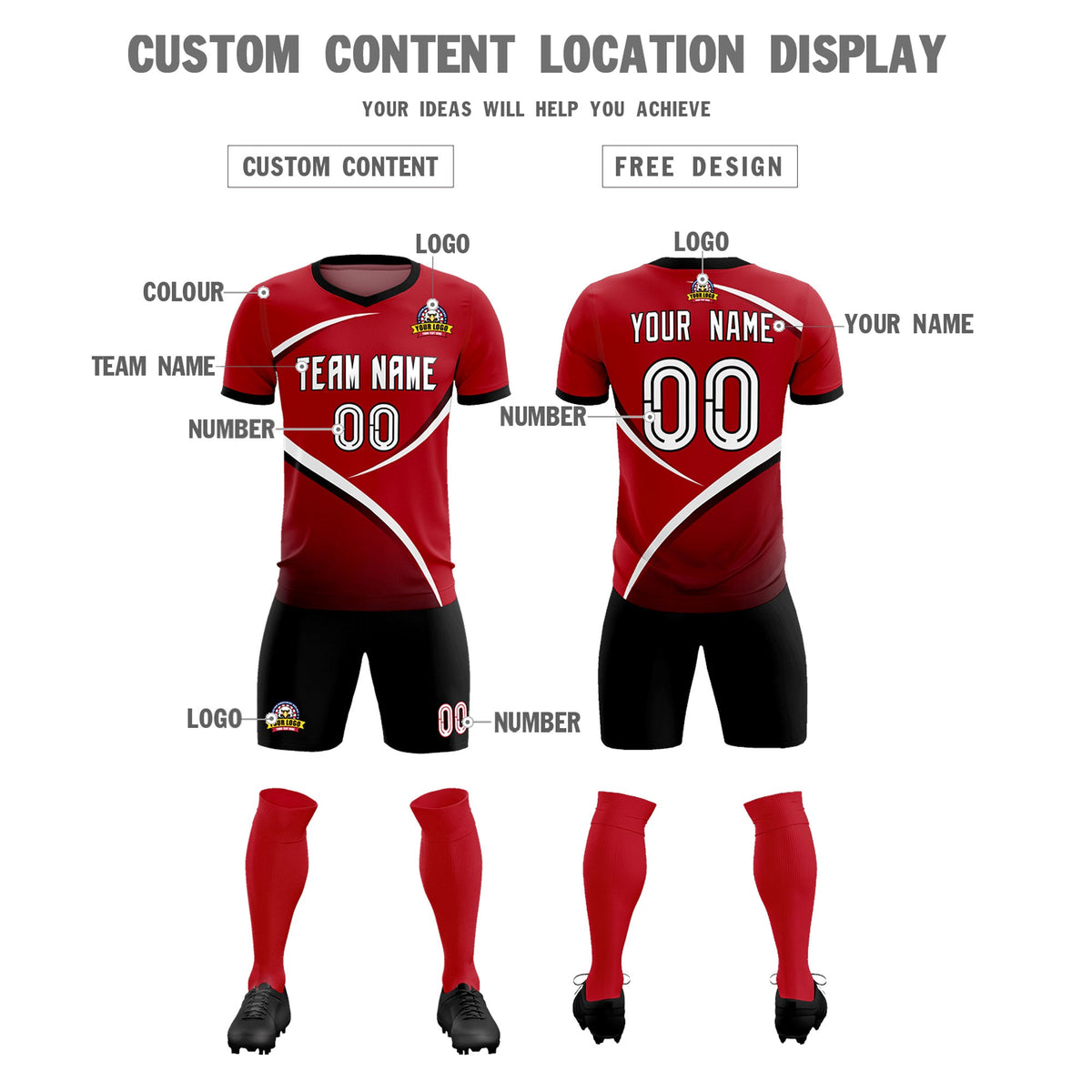 Custom Red Black Color Block Training Uniform For Men Soccer Sets Jersey