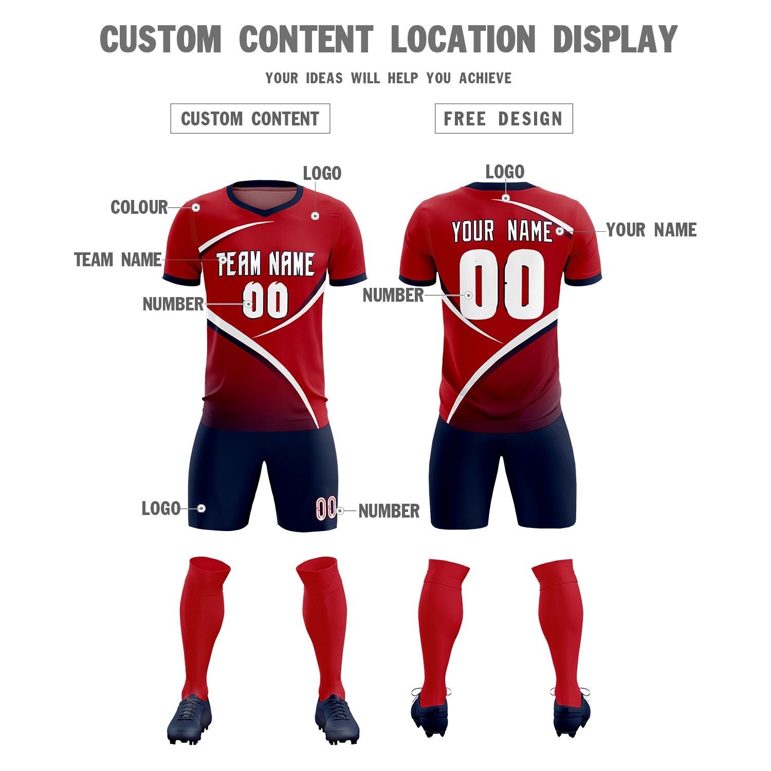 Custom Red Navy Color Block Training Uniform For Men Soccer Sets Jersey