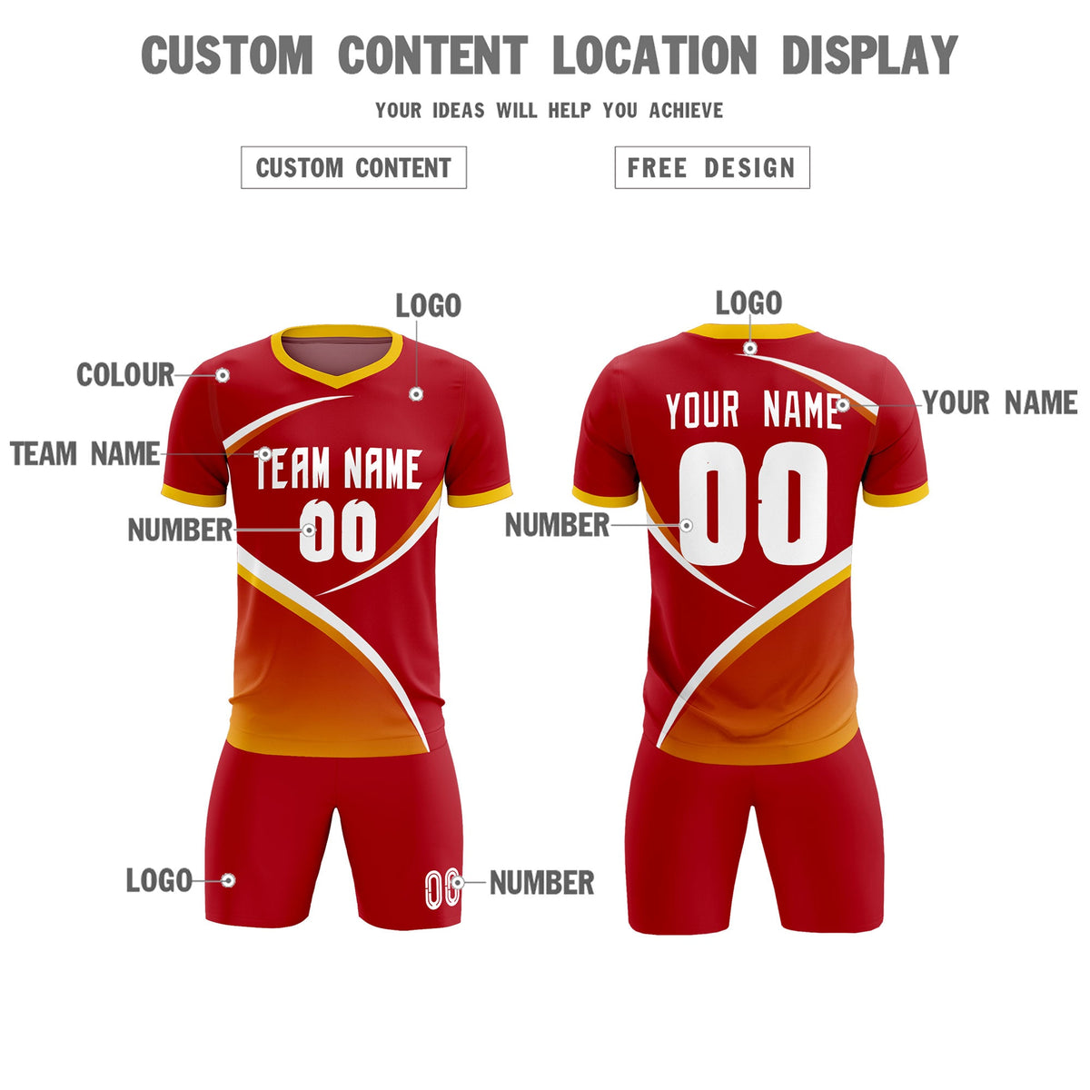 Custom Red Gold Color Block Training Uniform For Men Soccer Sets Jersey